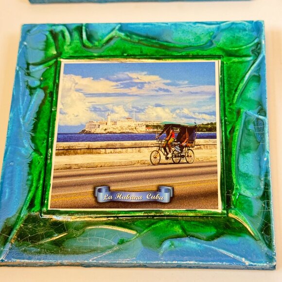 4 Decorative Ceramic Tiles Hand Painted Cuba Havana Scenes Collectible - Picture 3 of 7